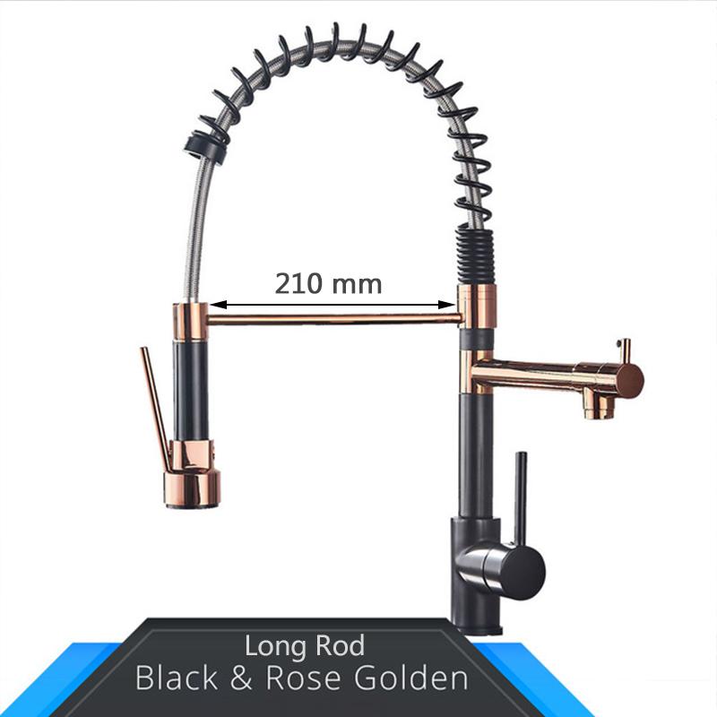 Rubinetto da Cucina Rozin Nero e Oro Rosa a Molla Estraibile Miscelatore Acqua Calda e Fredda Rubinetto a Cascata con Doppia Uscita Montaggio su Lavello