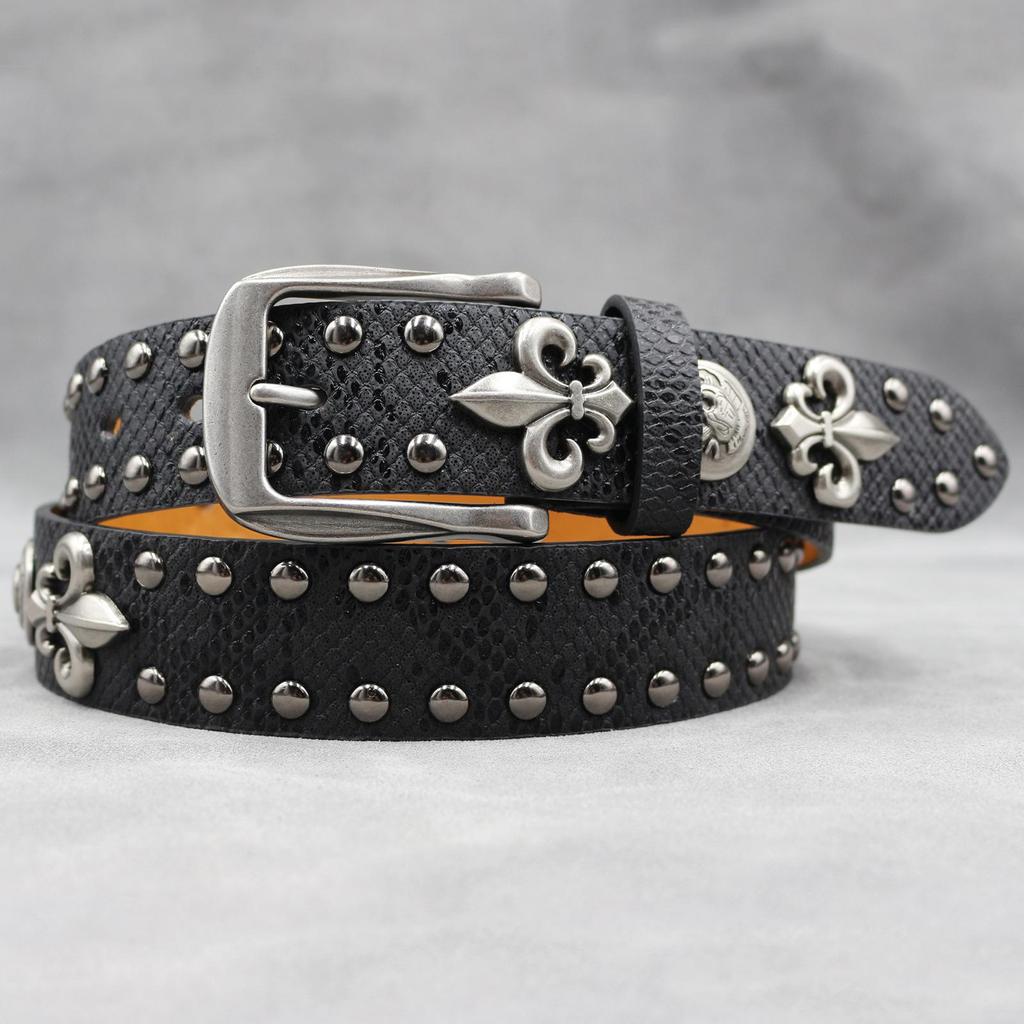 Kožený opasek s nýty ve tvaru lebky: Unisex punkový pásek s potiskem hada
