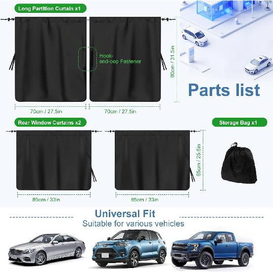 Set Of 3 Car Window Shades, 1 Rear Seat Divider Curtain & 2 Rear Side Window Sun Shades, 95% Light Blocking Car Window Covers Privacy Protection