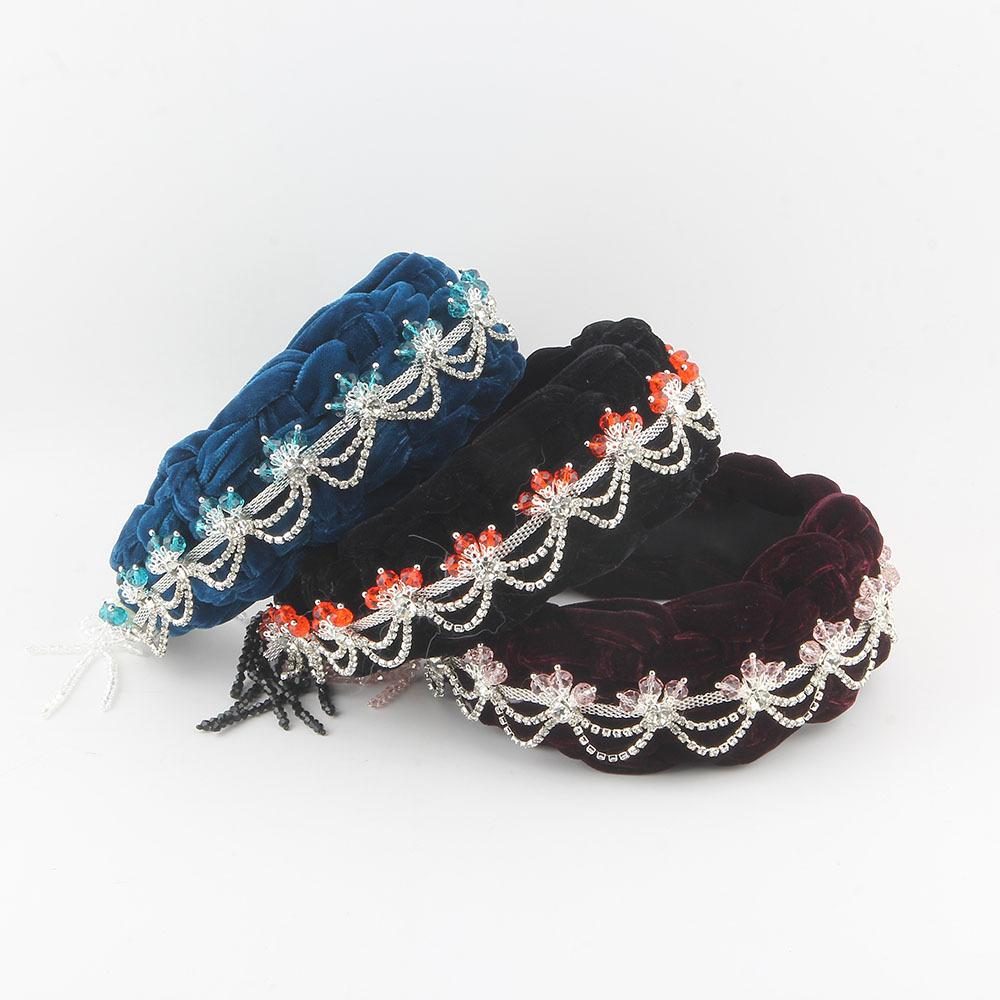 

New Fashionable Wide Edge Woven Tassel Headband with Diamond Inlay