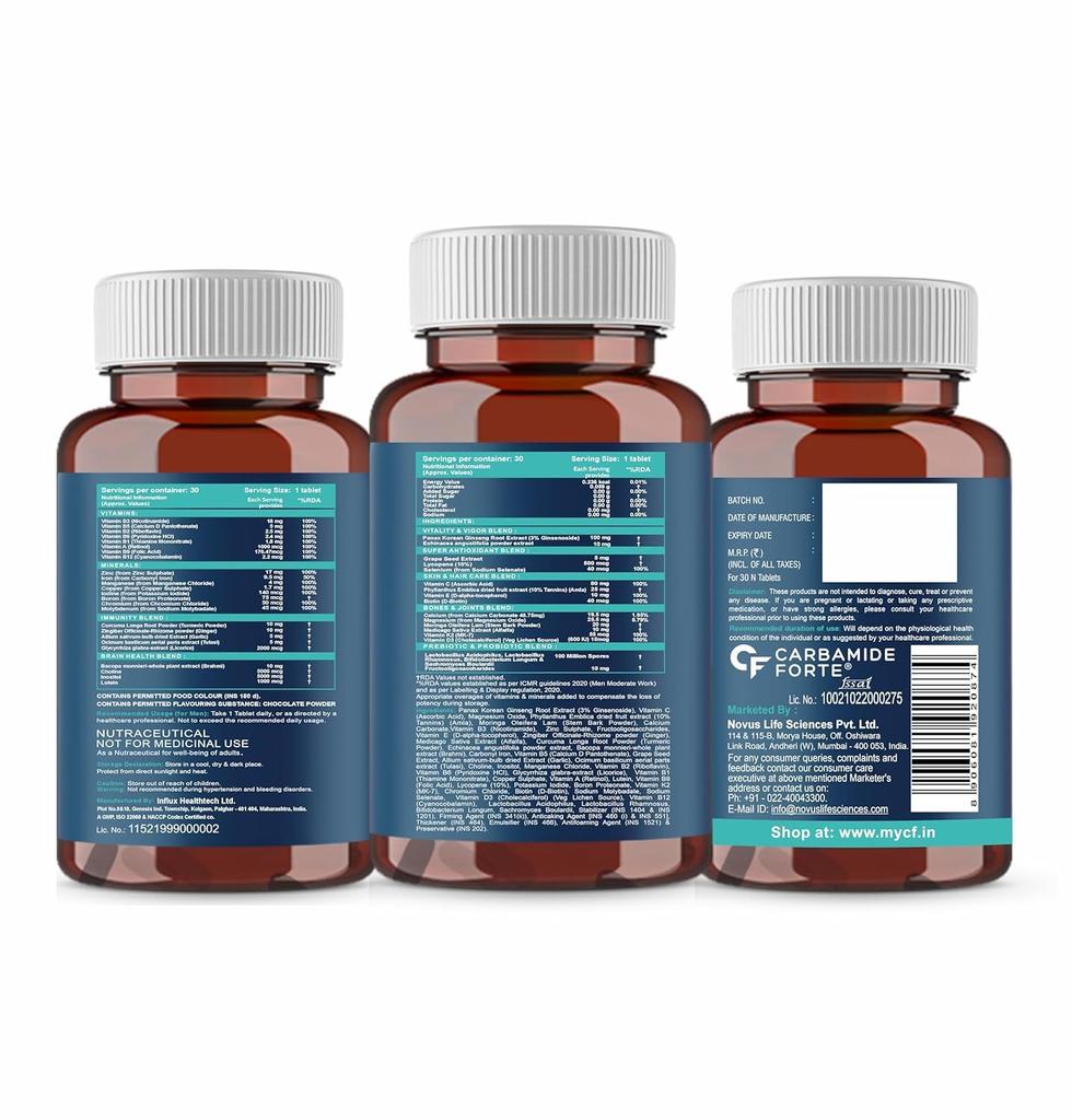 Carbamide Forte Multivitamin Tablets For Men Gym Daily Energy Support With Probiotics 30 Tablets Vitality Focus