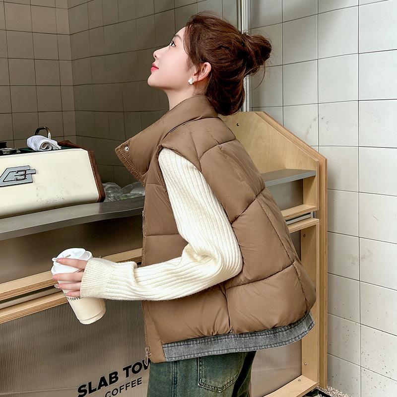 

Новая женская легкая куртка без рукавов со стойкой воротником, высокого качества, однотонная, утолщенная, теплая, спортивная и повседневная, свободная хлопковая куртка XXL темно-коричневого