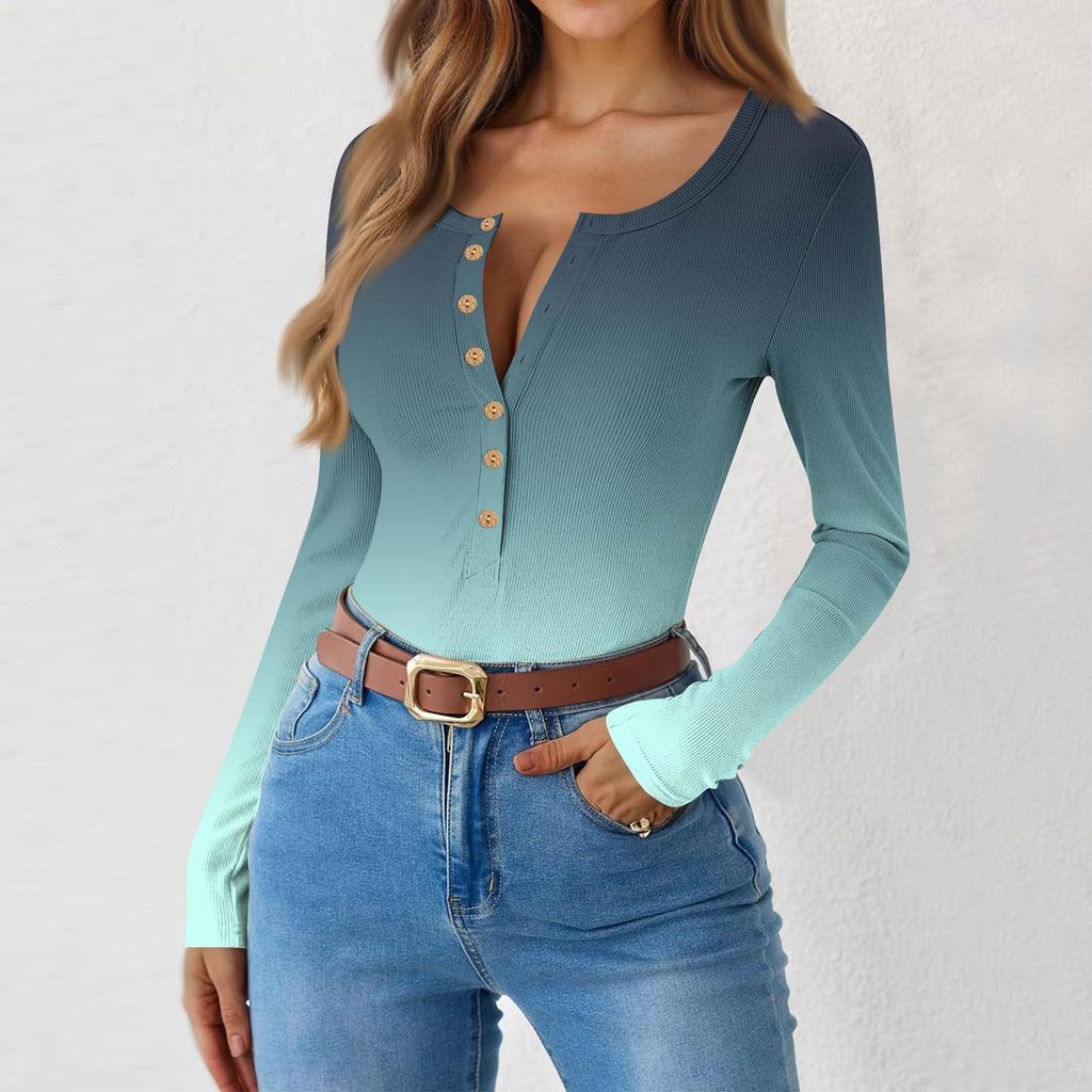 Women's  And Winter Slim Bottom T-shirt Fashion Casual Gradient Printing Round Neck Pullover Long Sleeve Top
