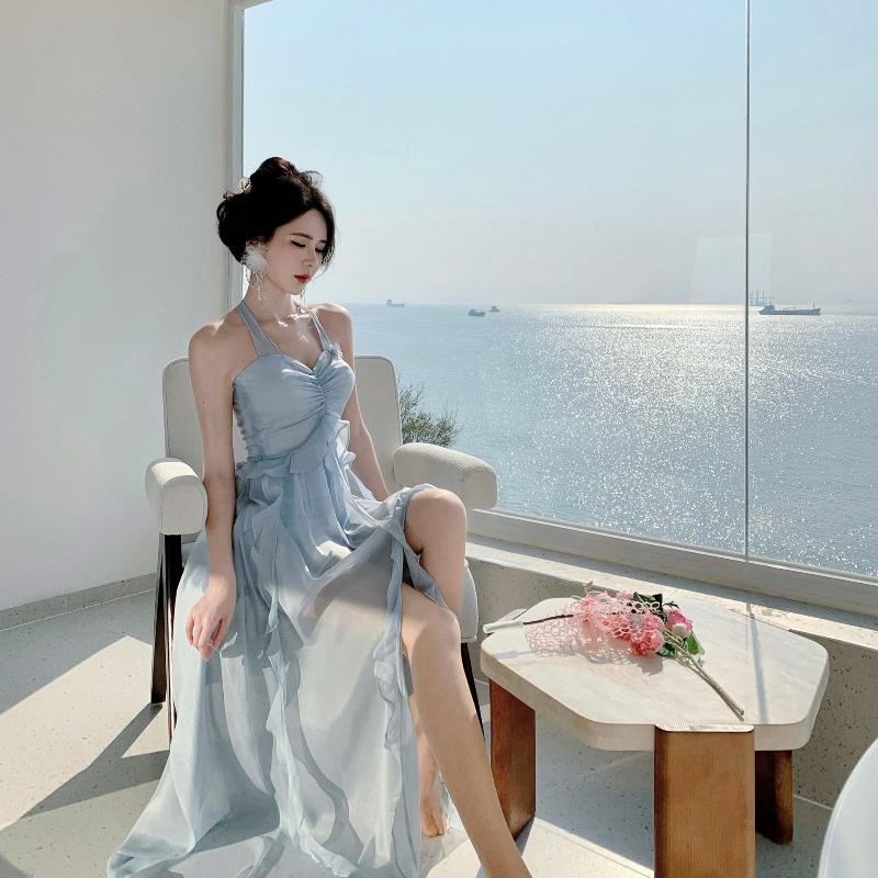 Dopamine Seaside Vacation Stunning Photo Skirt Sexy Ruffle Edge Neck Halter Irregular Dress