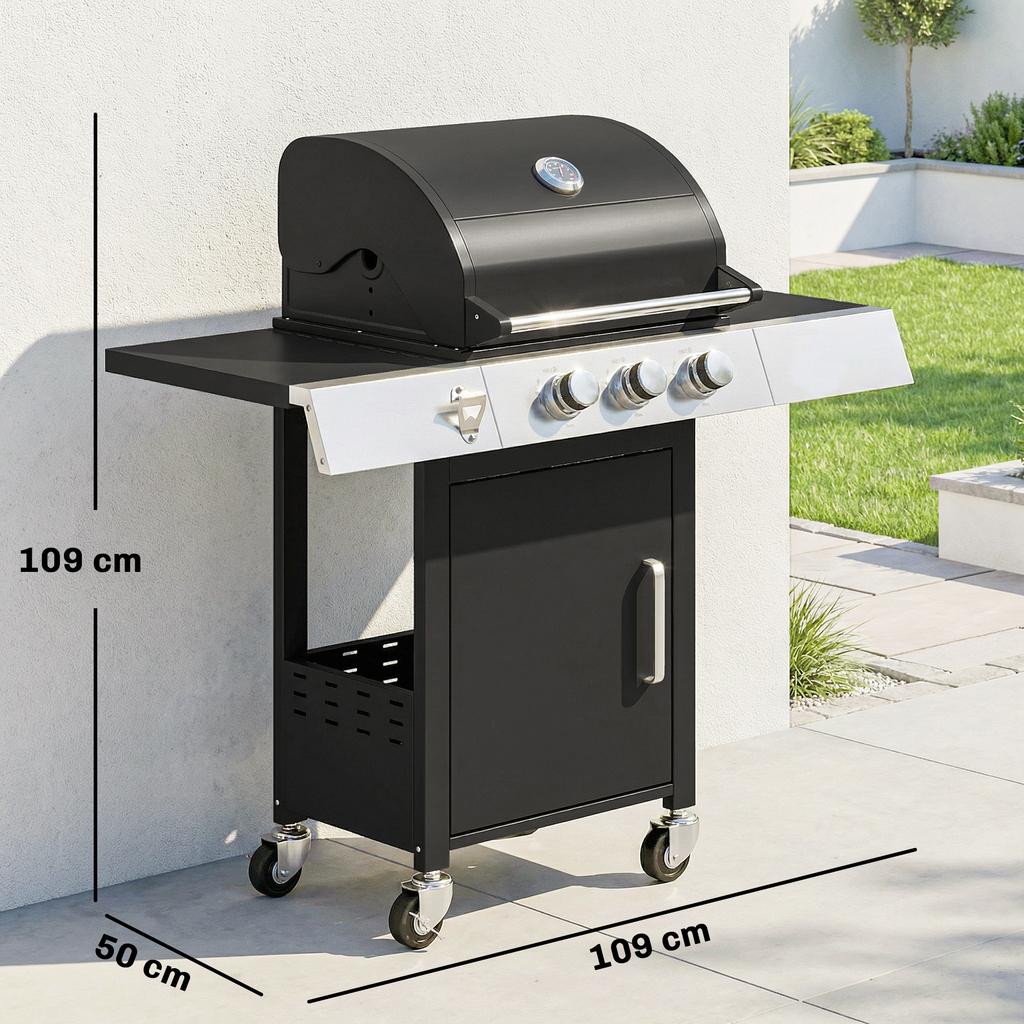 Gas Barbecue with 3 Burners 8.1 kW Thermometer Grills Side Tables Cabinet and Wheels 109x50x109 cm Black