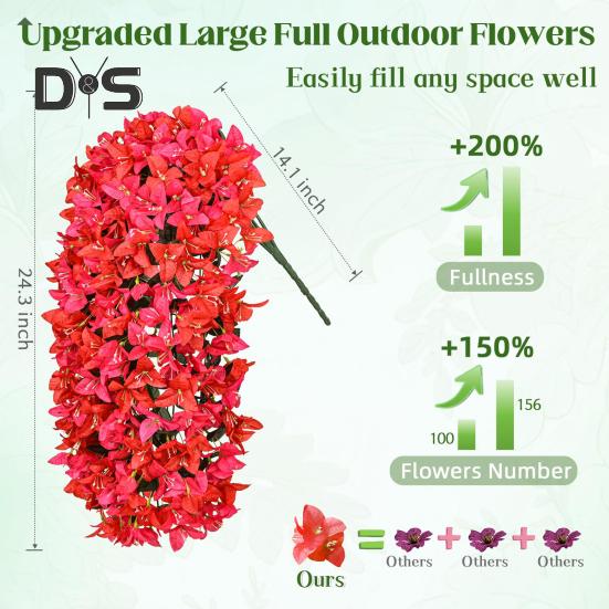 2Pcs Hanging Artificial Bougainvillea Speetabilis UV Resistant Realistic Fake Flower Wedding Party Indoor Outdoor Garden Yard Wall Hanging Faux Bloom
