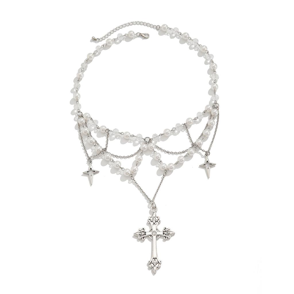 Cyberpunk Cross Pendant Necklace Female, Personalized Metal Rivet Imitation Pearl Clavicle Necklace