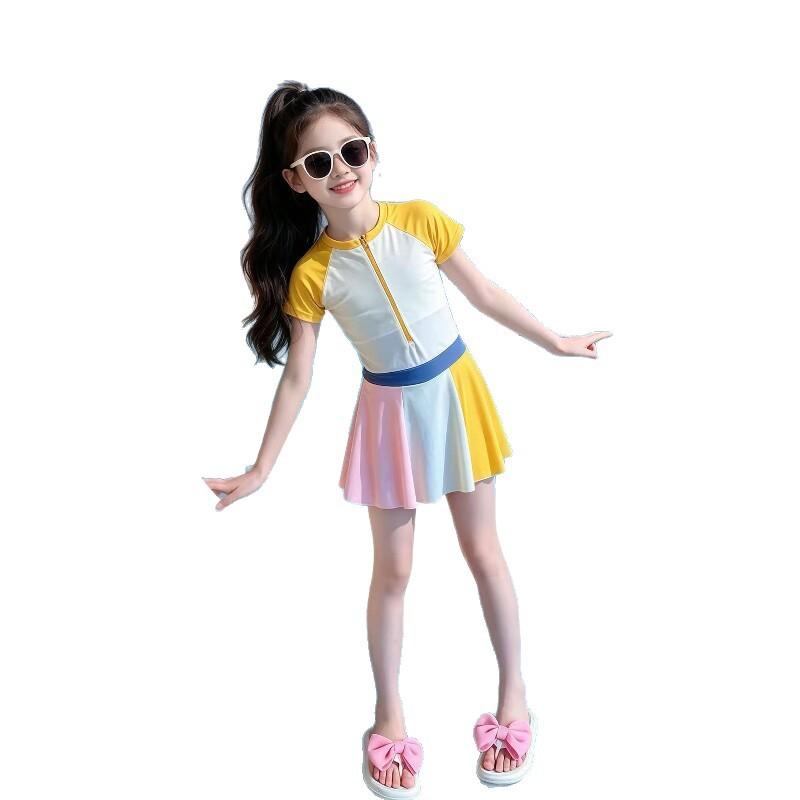 Girls Block One Piece Swimsuit Dress Middle Child Spring Beach Vacation Swimming Suit Set