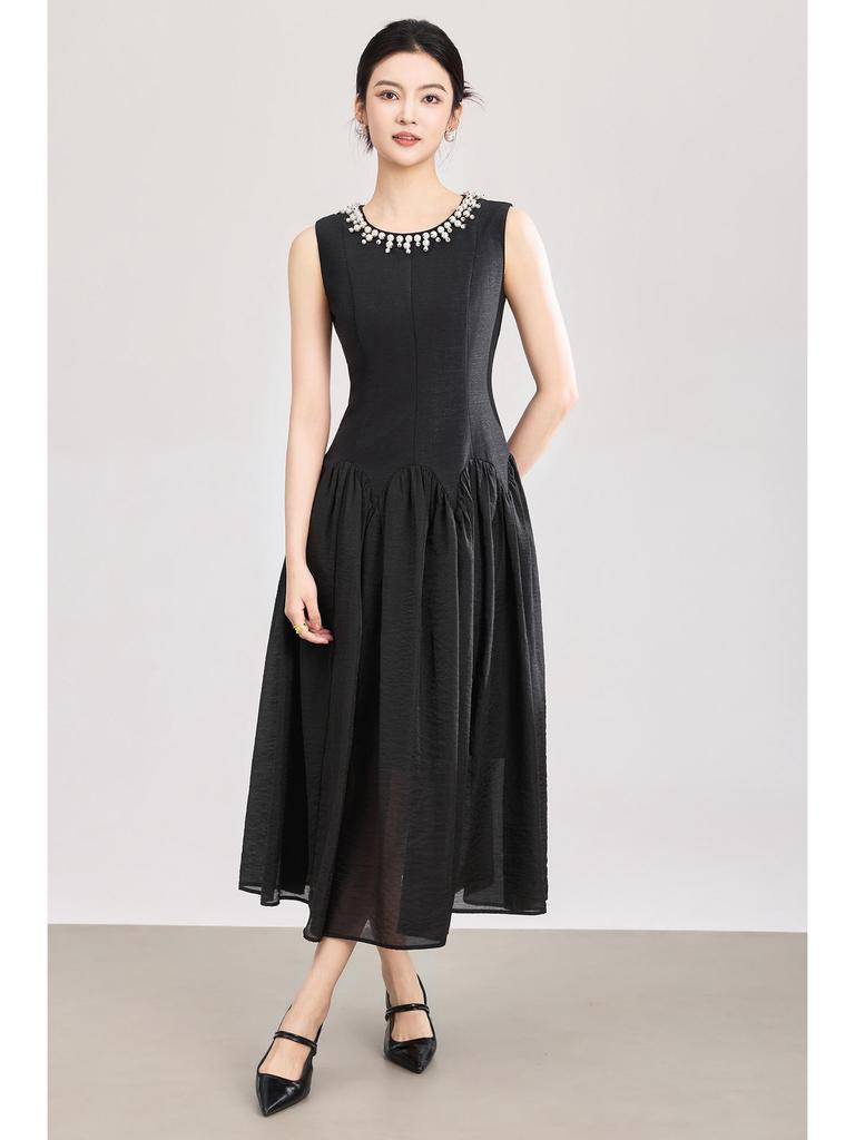 High-Quality Beaded Tencel Crepe Waist-Cinched French Aristocratic Style Tea Party Dress for Women