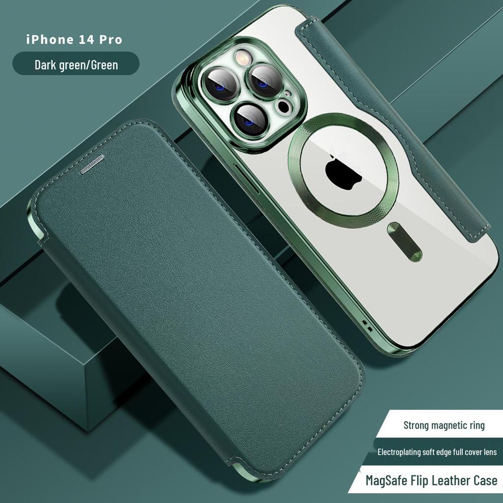 "Apple iPhone 15 Gold Shield Magnetic Leather Flip Case with Full Lens Protection"