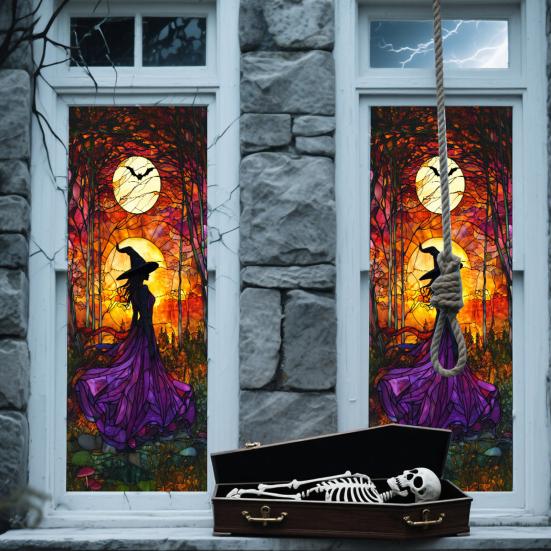 Halloween Window Sticker Stained Glass Style Witch Bats Decal Removable Pumpkins Ghosts Static Window Cling for Party Decoration