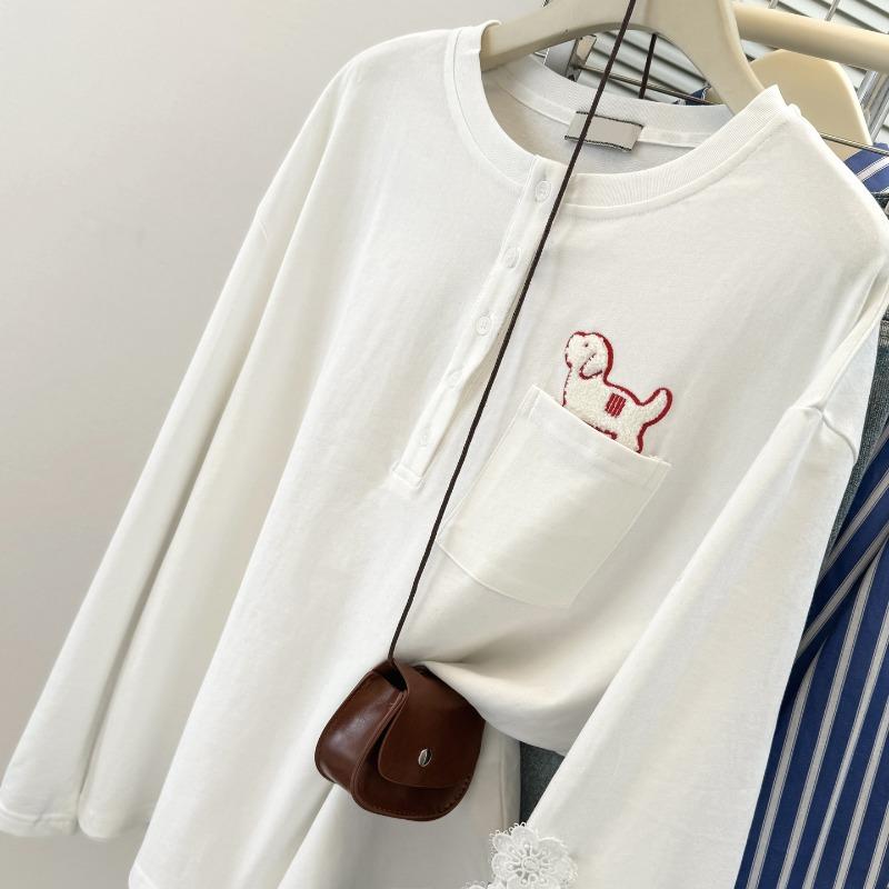 White cotton pocket lace embroidered splicing long-sleeved T-shirt women's loose crew neck top