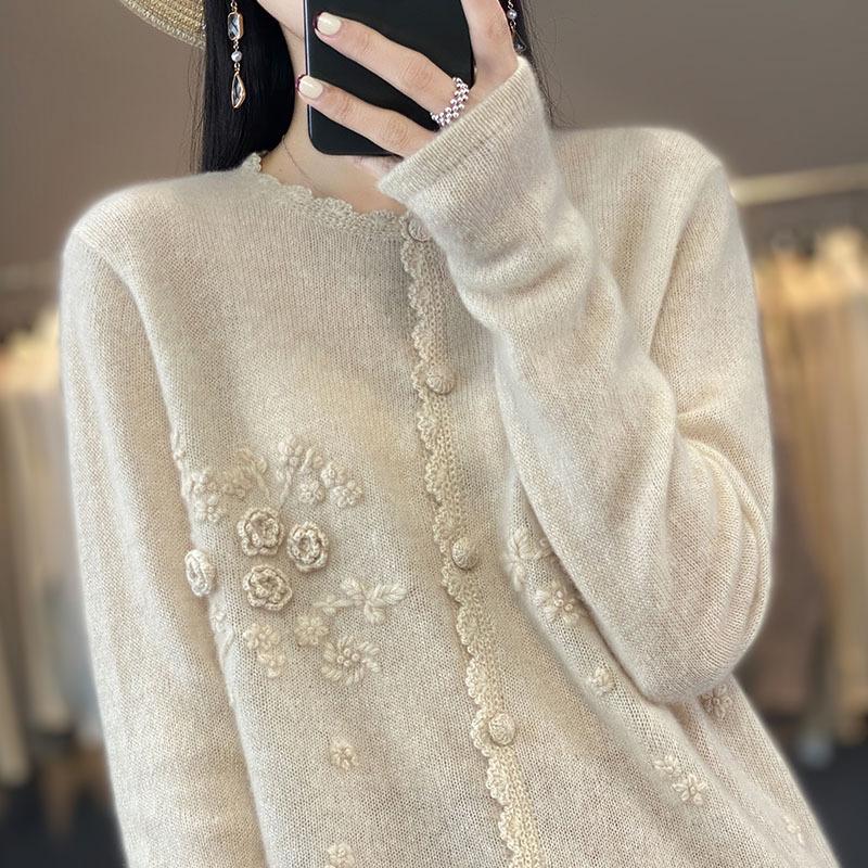 2026 Autumn Winter Women’s Loose Knit Cashmere Cardigan – Round Neck Lace Jacquard Wool Sweater Coat.
