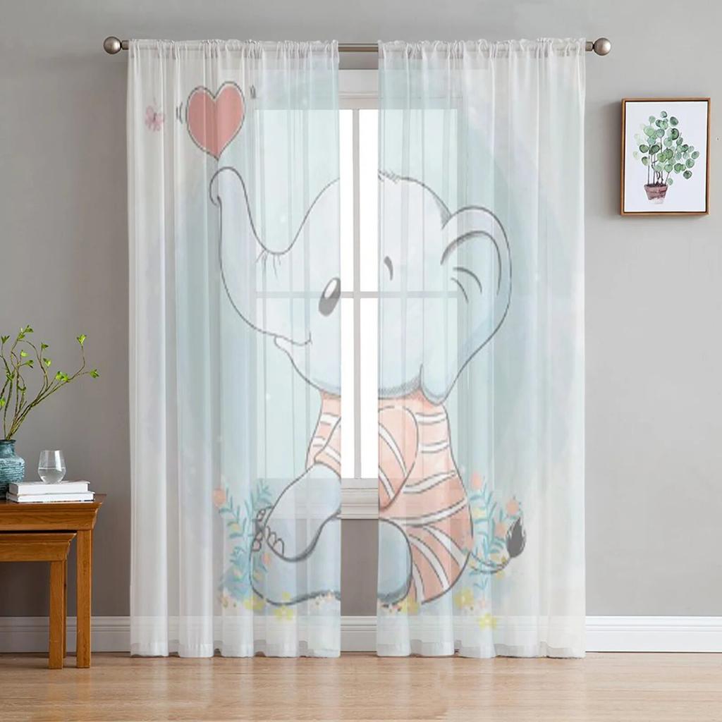 Kleine rosa Elefanten-Tüll-Vorhänge für Küche, Fenster, Wohnzimmer, moderner Voile-Vorhang, Schlafzimmer-Vorhänge