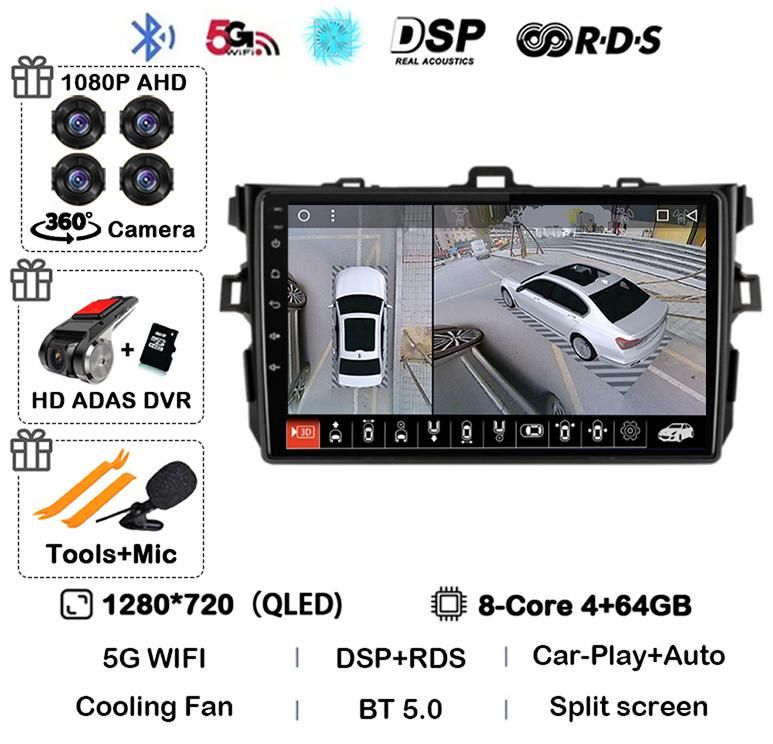 Android 14 Carplay Auto Car Radio For Toyota Corolla E140/150 2007 2008 2009 2010 2011 2012 2013 Multimedia Player Stereo GPS 4G