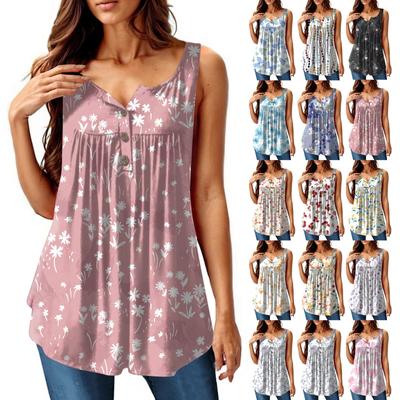 Women's Fashion Pleated Sleeveless Casual T-shirt Vest Button Top