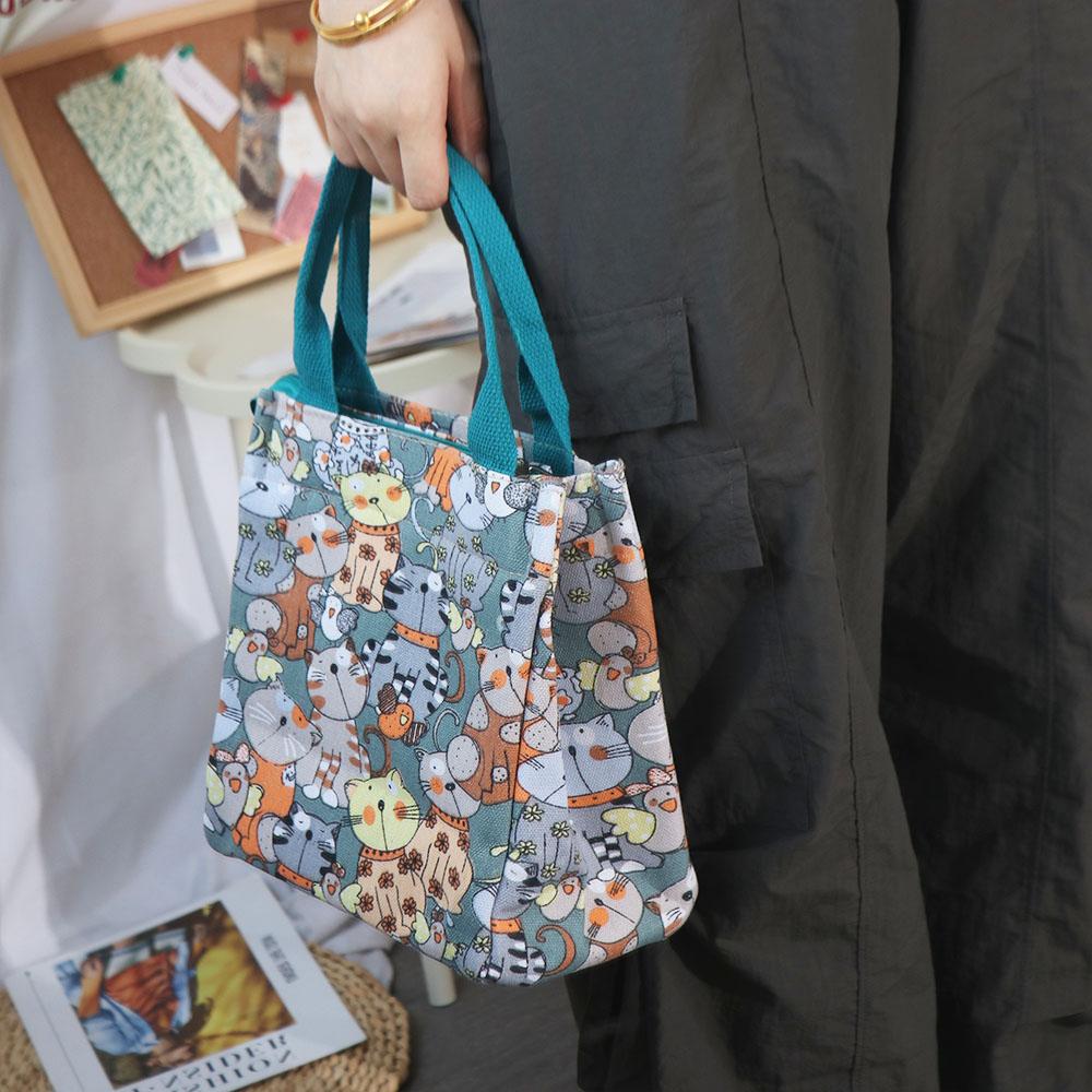 Storage Bag Portable Mommy Bag Cat Pattern Canvas Handbag Top-handle Cartoon Lunch Bags  Students