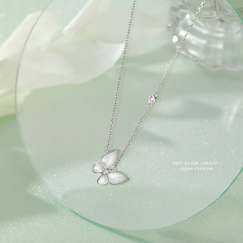 S925 Sterling Silver Butterfly Necklace with Mother-of-Pearl & Diamonds - Elegant French Style for Women, Xiaohongshu Recommended Trend. 925 Silver белого золота