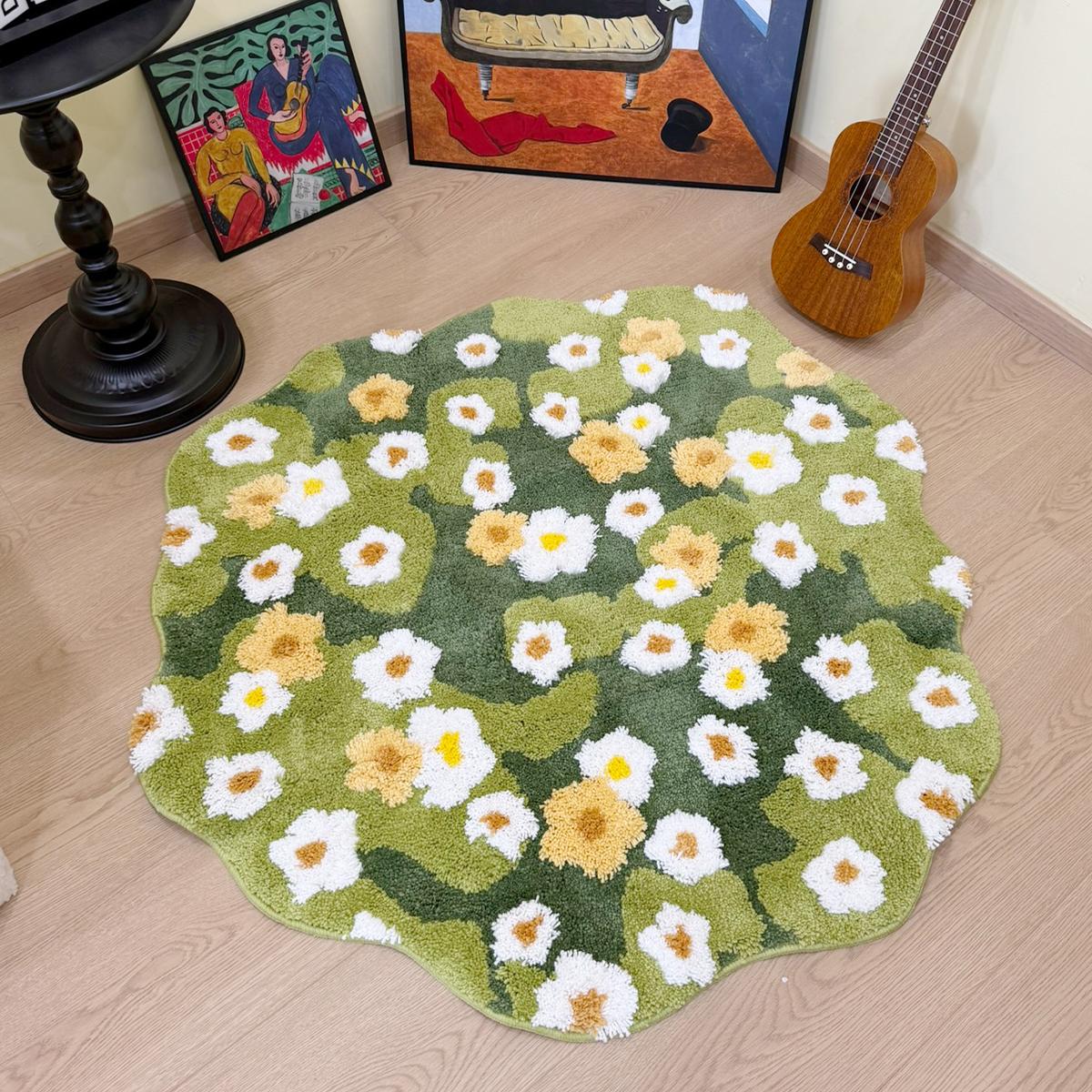 Groen Weide Madeliefje Getuft Tapijt, Wit Geel Bloemenpatroon Onregelmatige Vloermat, Antislip Zacht Tapijt voor Slaapkamer, Huis 100X105CM