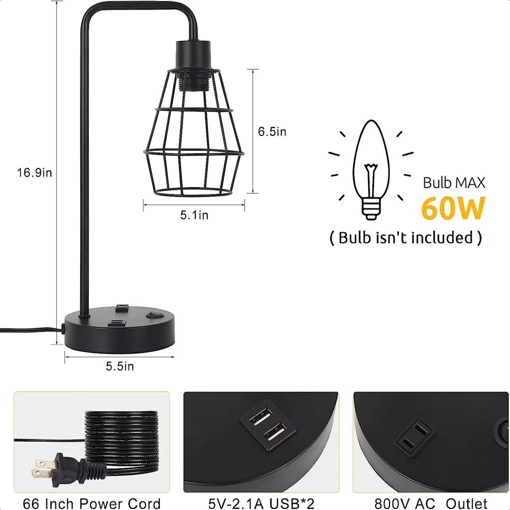 New Set of 2 Black Industrial Table Lamp Nightstand Bedside Lamps w/ USB Ports Shade