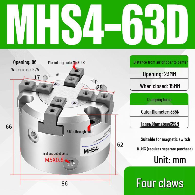 Pneumatic Gripper with Dual, Triple, and Quad Jaw Options: MHS2/3/4-16D/25D/40D/50/63D Clamping Cylinder