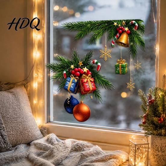 Easy Peel Wall Decals Christmas Window Clings Xmas Ball Gift Box with Pine Branch Holiday Balcony Glass Art Bell Snowflake Reusable Static