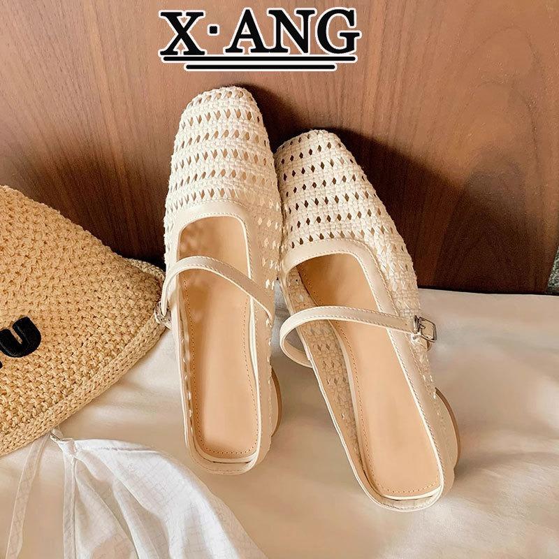 Sheepskin hand-woven hollow bag head Mary Jane slippers women's summer wear with skirt thick heel sandals beach sandals