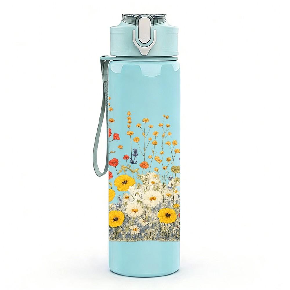 1 Pezzo Bouquet di Margherite e Fiori di Campo Acquerello 750ml Plastica Colorata Borraccia Sportiva Tappo a Vite Anti-perdita con Cannuccia Pieghevole Adatta per Sport, Ufficio, Uso Domestico