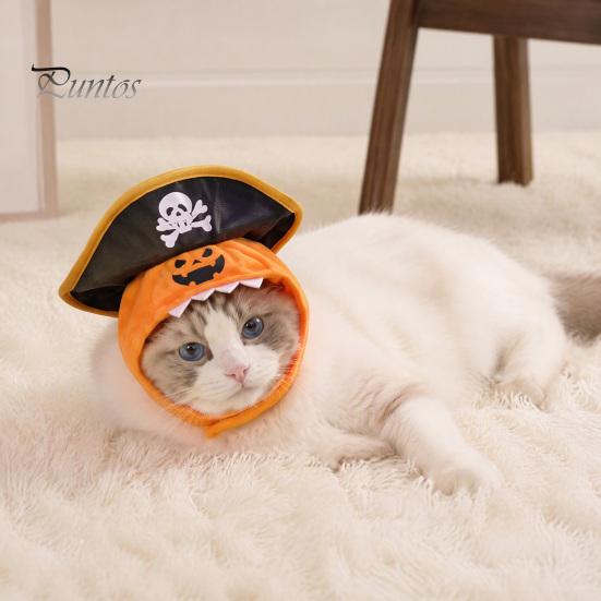 Soft Fleece Pet Accessory Cat Pumpkin Pirate Hat, Halloween Cozy Funny Hat Cosplay for Cats, Small Dogs, Holiday Party Orange And Black Apparel