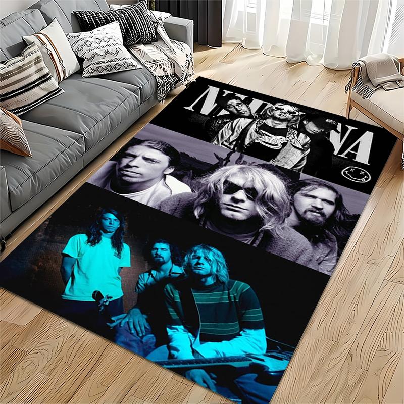 Rock Music Area Rug, Nirvana Band Photo Collage Kurt Cobain Krist Novoselic Dave Grohl Print, Man Cave Decor, Non-Slip Mat