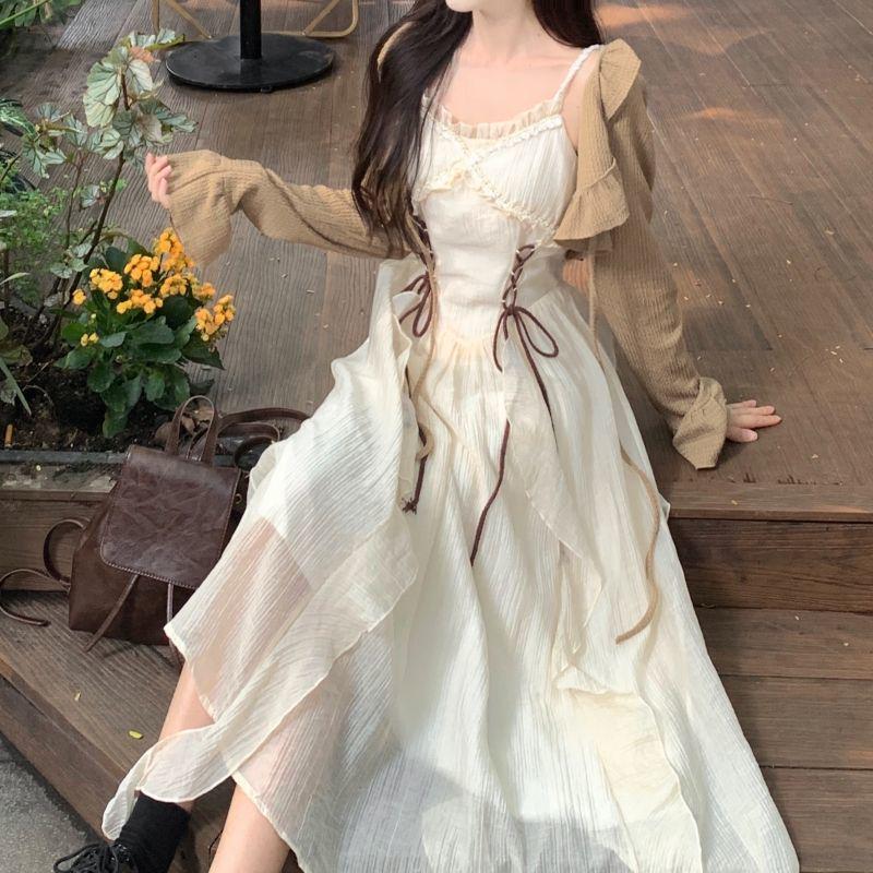 2026 Summer Chinese Style Qipao Ruffle Blouse & Camisole Dress Two-Piece Set for Women