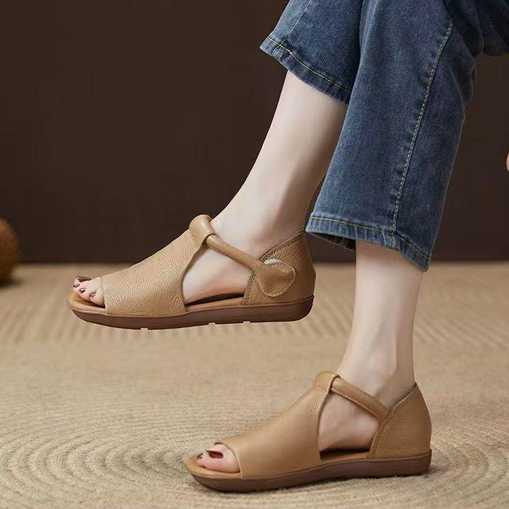 Personalized Soft Leather Fish Mouth Sandals Women's Summer New Retro Style Comfortable Soft Bottom Flat Toe Sandals