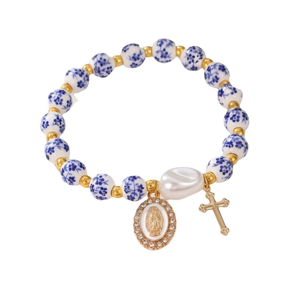 Chinese Style Blue and White Porcelain Bracelet Vintage Versatile Pearl Beaded Bracelet Elastic Pretty Ceramic Bracelet