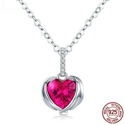 Red Heart Guardian Wing Pendant Necklaces for Women AAA Cubic Zirconia Chain Link 925 Sterling Silver Jewelry SCN341