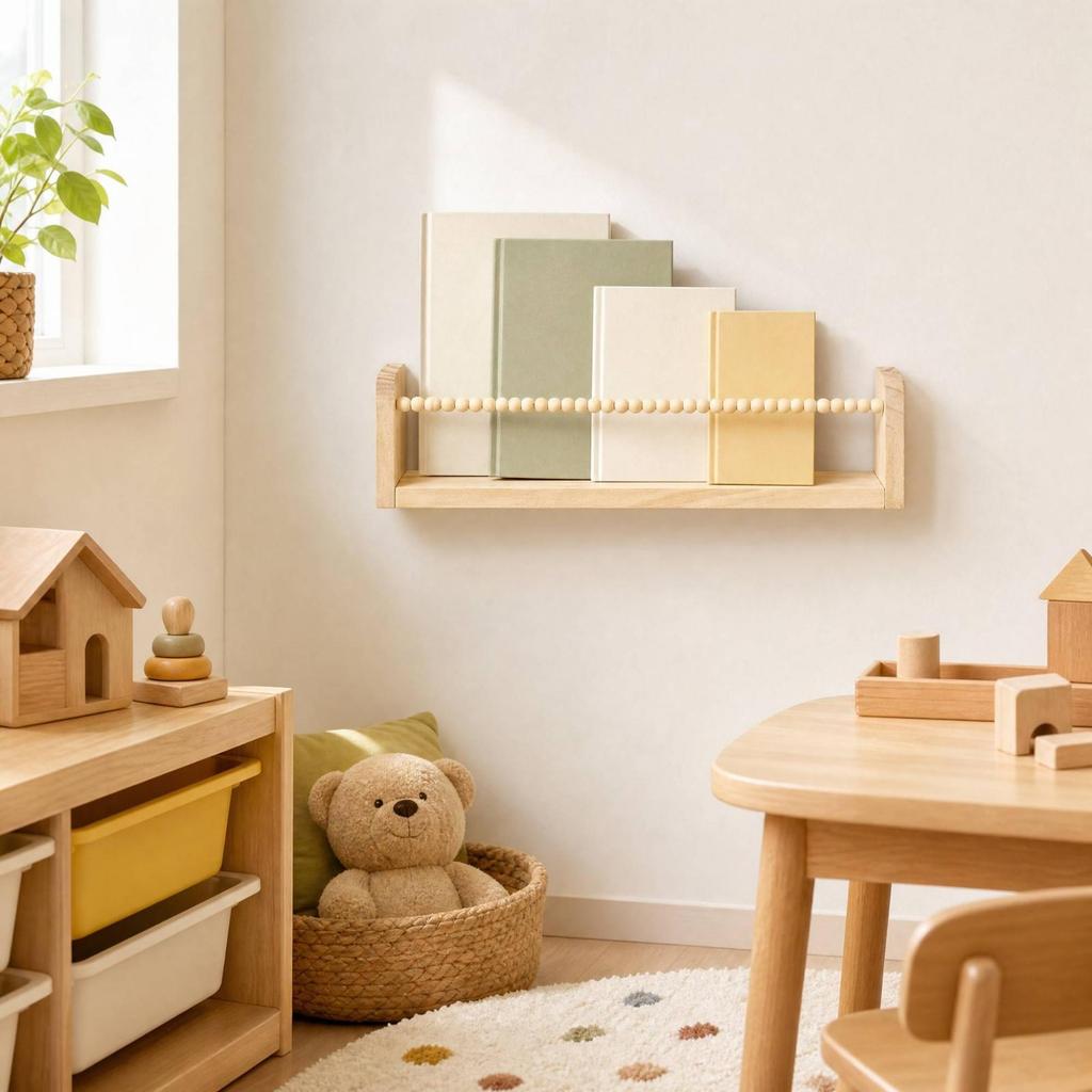 Wall-Mounted Wooden Storage Shelf Child-Friendly Wall with Bead