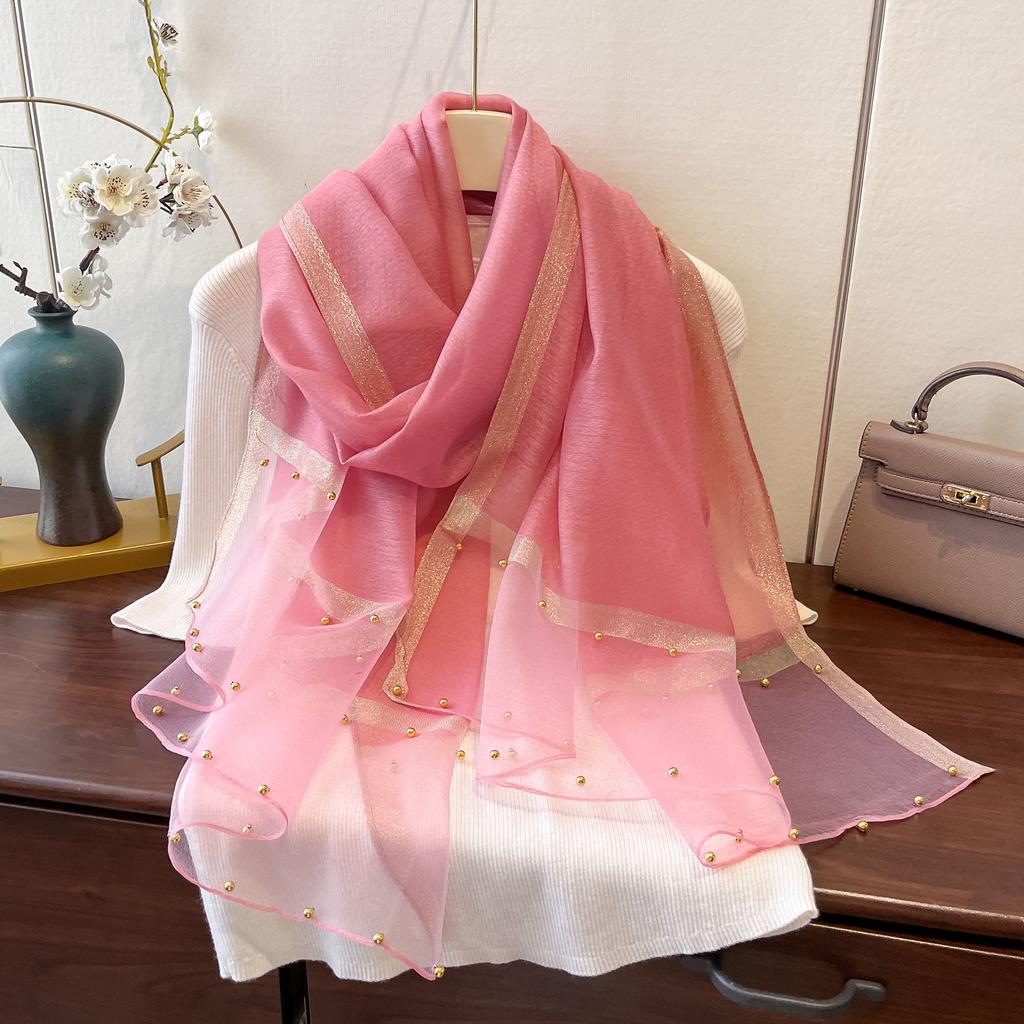 New Spring and Summer Thin Gold-edged Beaded Scarf Scarf for Women Solid Color Versatile Shawl Korean Version of Imitation Silk Long Silk Scarf