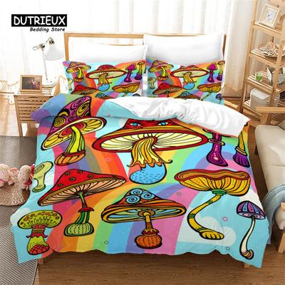 Pilz Bettbezug Bunt Niedlich Cartoon Bettwäsche Set Einzelbett Doppelbett King für Teenager Jungen Mädchen Kinder Kawaii Botanische Pflanze Steppdeckenbezug
