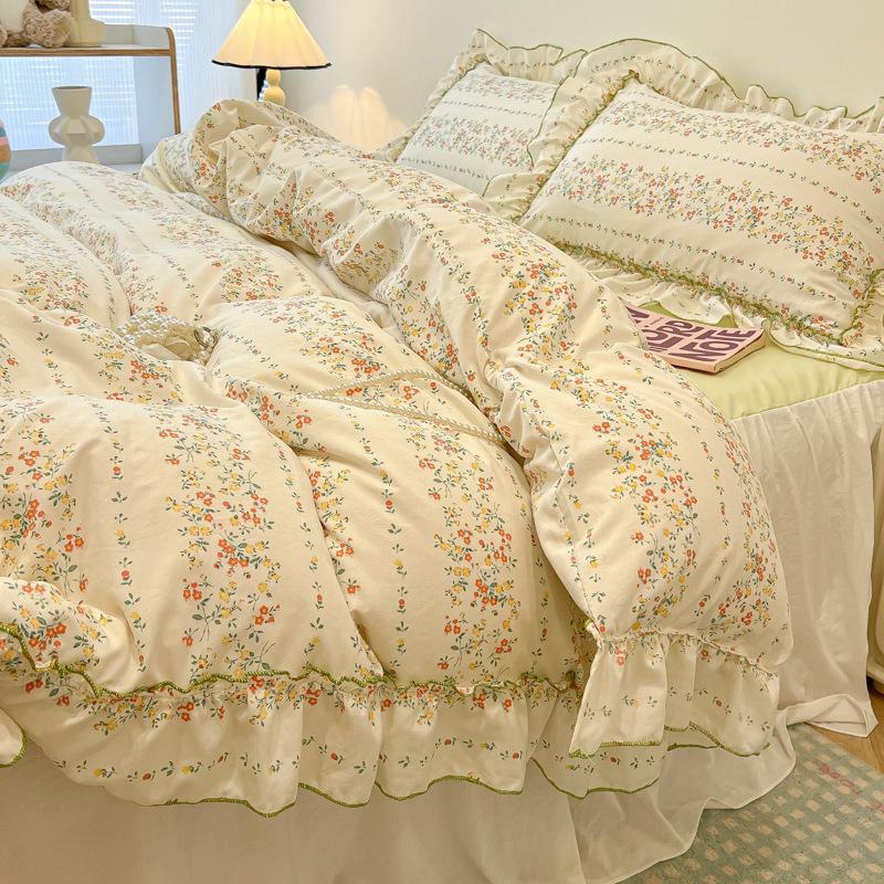 Sweet Flower Printed Bed Skirt Bedding Set Skin Friendly Cotton Nude Sleeping Comforter Set Class-A Twin Single Home Textile