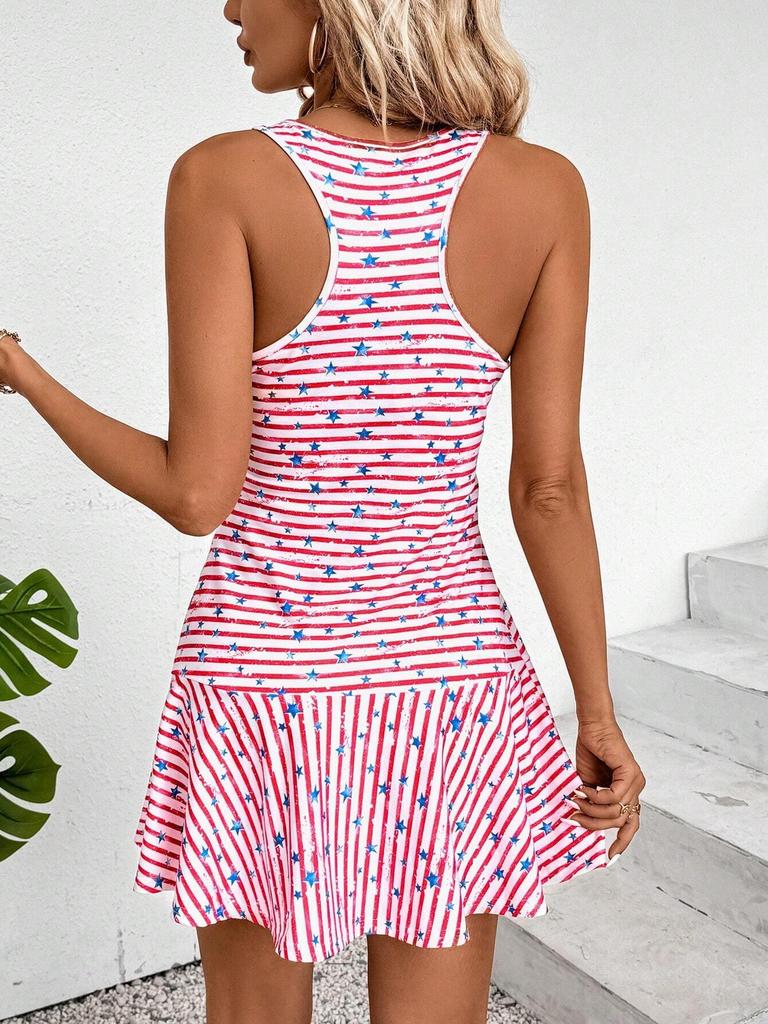 Women's Sleeveless Deep Pink Patriotic Independence Day Dress