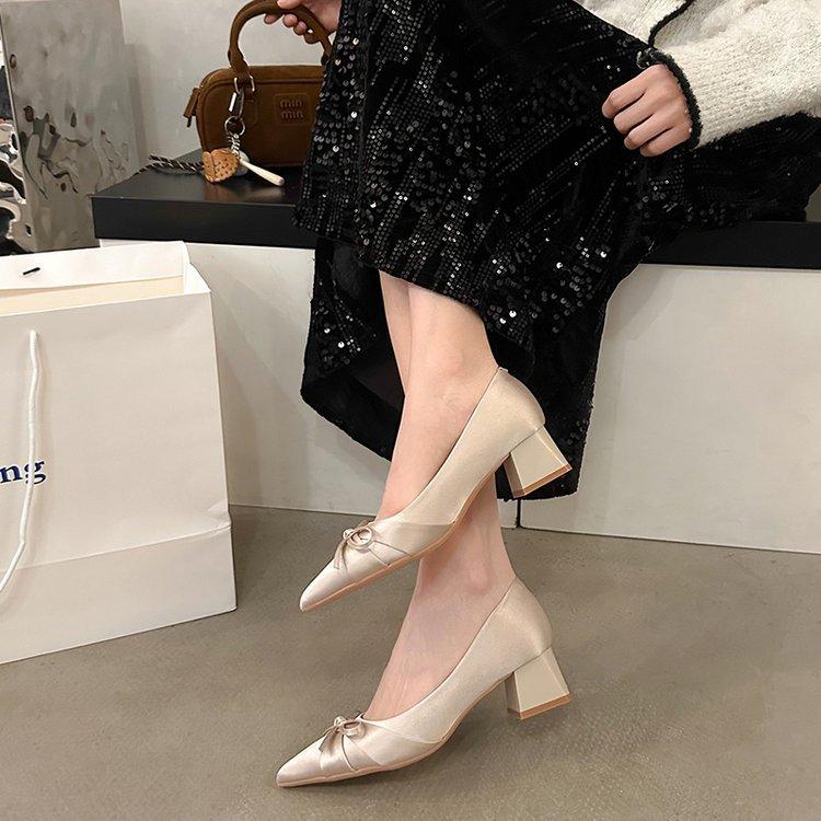 [Youshilai] Temperament satin pointed single shoes women's 2025 spring new sweet bow shallow mouth high heels