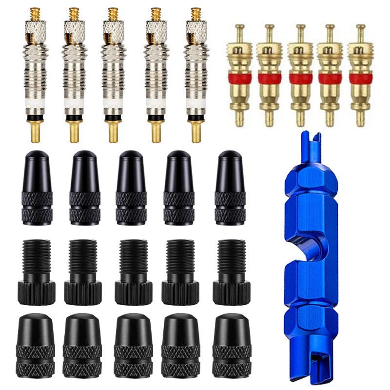 Presta Ventilkern-Set Tubeless Abnehmbare Aluminiumlegierung Ventilkappe Presta Schrader Universalschlüssel Reparaturwerkzeug für Fahrradreifen