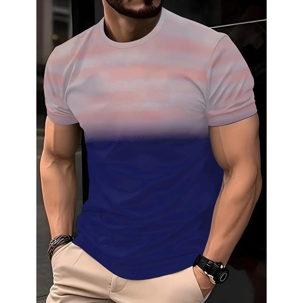 Gym Clothes Man Two Color Gradient 3D Printed Round Neck Men Short Sleeve T-Shirt Outdoor Casual Running Sports Fitness T-Shirt