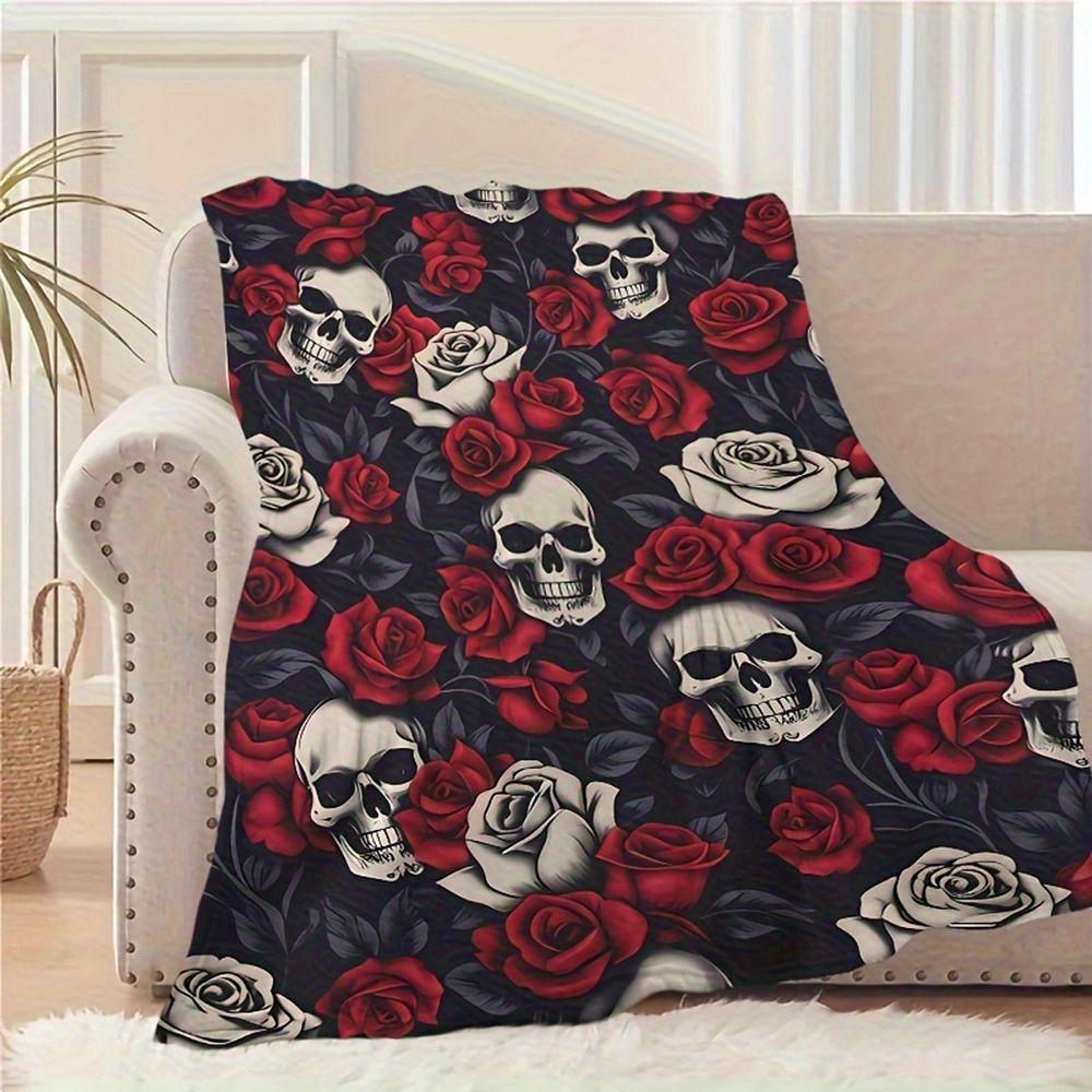 Gothic Skull and Red Rose Pattern Flannel Throw Blanket Soft Lightweight Bed Sofa Cover,Decorative Cozy Microfiber Fleece Quilt for Home Bedroom Decor