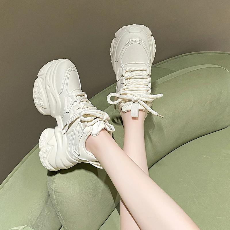 Fashion 7.5CM Heels Autumn Chunky Sneakers for Women 2024 New Casual Walking Platform Sports Shoes Woman Thick Bottom Dad Shoes Ladies