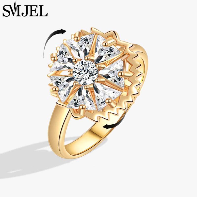 SMJEL Luxury Crystal Anxiety Relief Spinning Fidget Rings for Women Cute Sakura Daisy Rose Flower Rotating Ring Anti Stress Gift