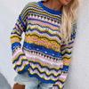 Loose Casual Women Sweater Round Neck Long Sleeve Contrasting Color Stripe Knitted Top