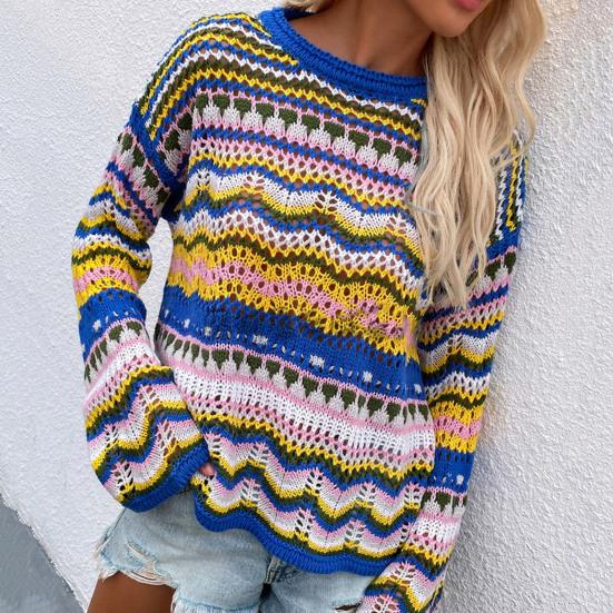 Loose Casual Women Sweater Round Neck Long Sleeve Contrasting Color Stripe Knitted