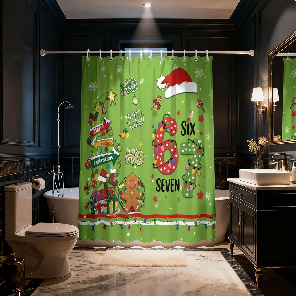 1pc green cartoon Christmas tree print waterproof shower curtain partition privacy hanging curtain with 12 hooks various sizes