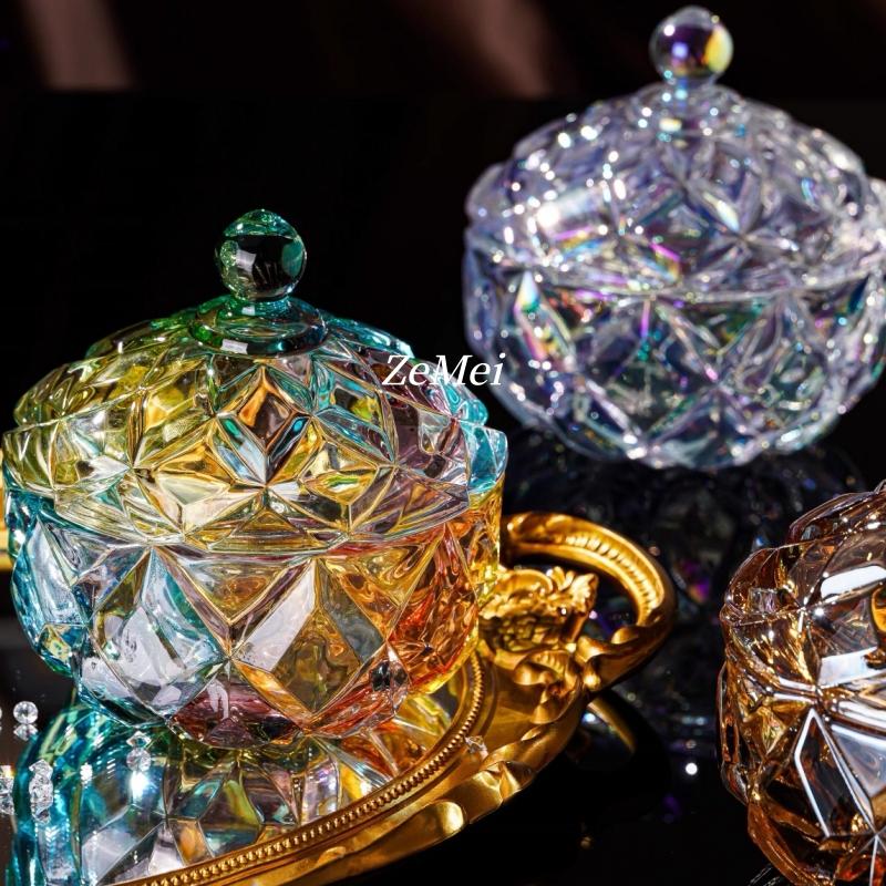 Circular Crystal Glass Storage Jar,Jewelry Organizer Candy Glass Jar With Lid Aromatherapy Candlestick Container Home Decoration