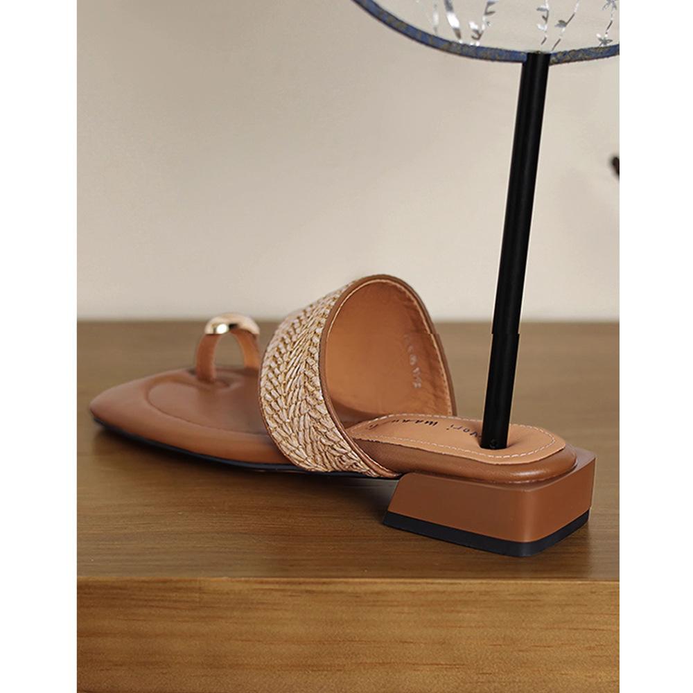 Sheepskin French Holiday Style Straw Weaving Beautiful with Skirt Bohemian Clip Toes Soft Bottom Cool Slippers Women's Summer Wear